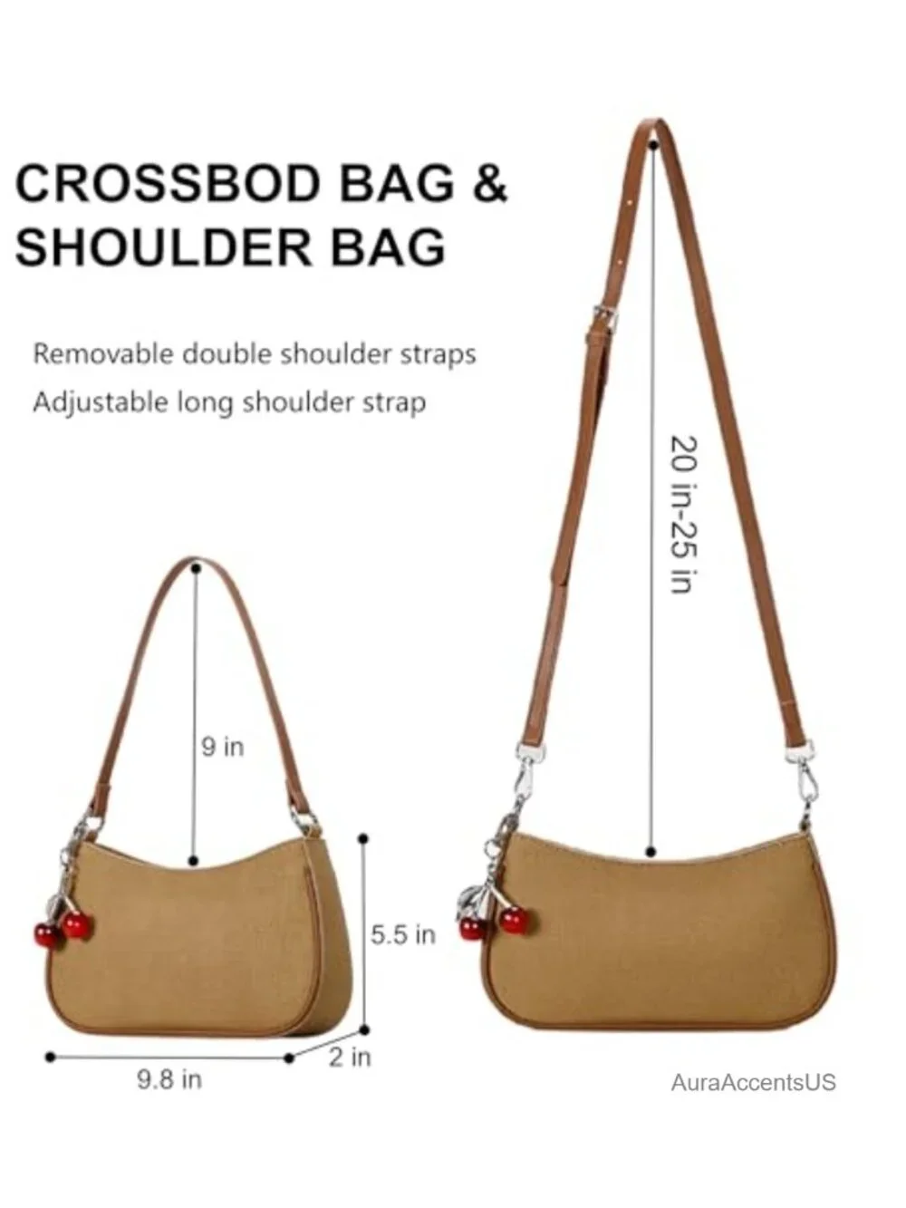 Vegan Canvas Crescent Hobo Shoulder Crossbody Bag with Cherry Charm